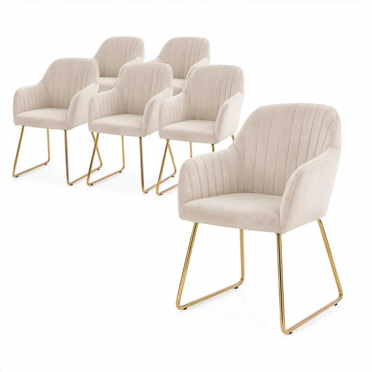 6er-Set Esszimmerstühle mit Armlehnen, Samtbezug in Creme und goldfarbenem Gestell, 55 x 60 x 83 cm