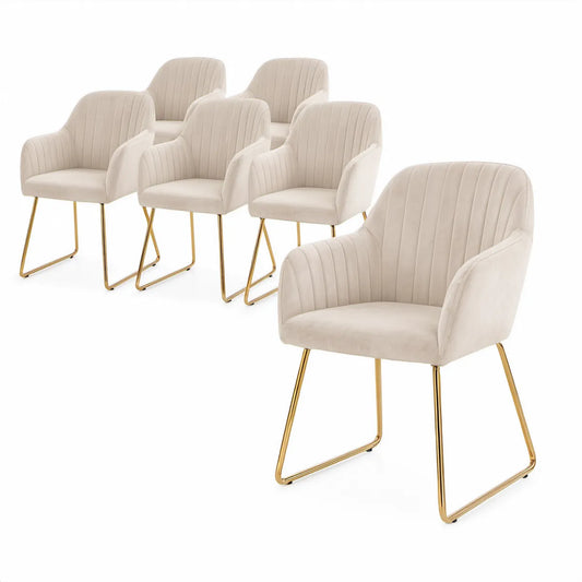 6er-Set Esszimmerstühle mit Armlehnen, Samtbezug in Creme und goldfarbenem Gestell, 55 x 60 x 83 cm