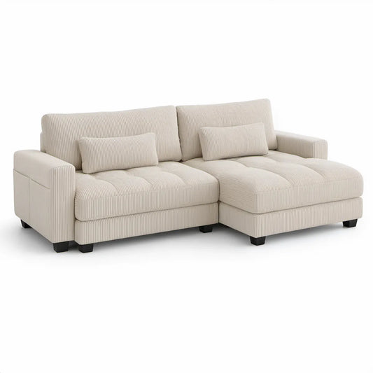 2-teiliges Ecksofa in L-Form mit Recamiere rechts, Cord, Creme, 250 x 160 x 85 cm