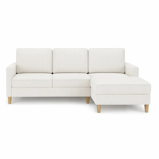3-Sitzer-Ecksofa L-Form mit rechtsseitiger Recamiere, Cordbezug Cremeweiss, 220 x 145 x 85 cm