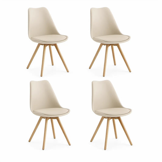4er-Set Esszimmerstühle mit gepolsterter Sitzfläche in Creme und Buchenholzbeinen, 48 x 54 x 82 cm