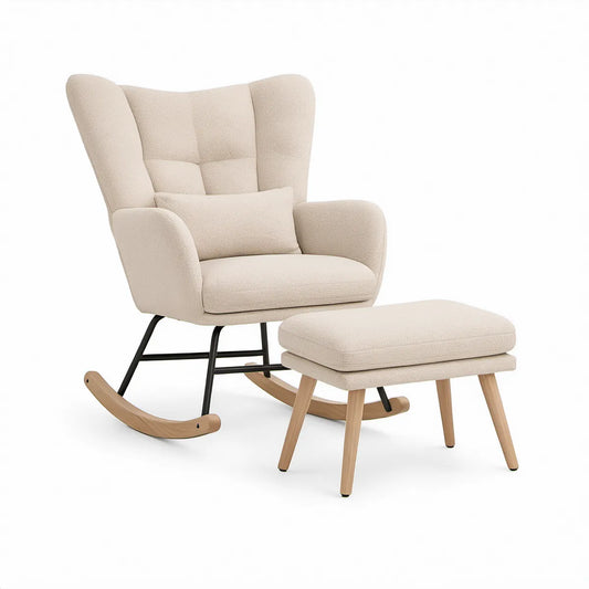 Schaukelstuhl-Set mit Fusshocker, Polyester-Bouclé, Creme, 72 x 98 x 102 cm
